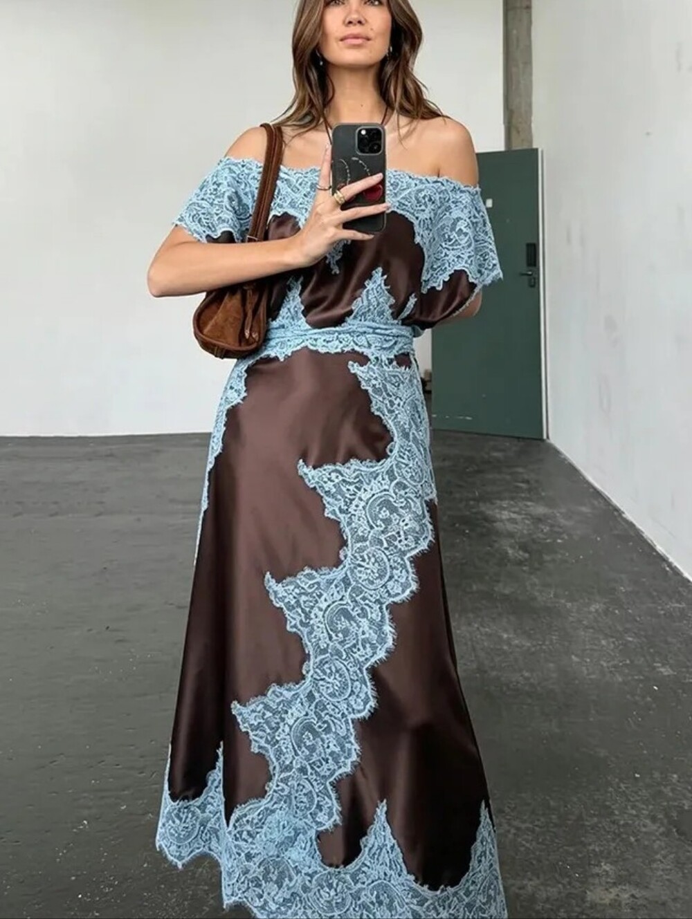 Lace Patchwork Long Women Dress Skew-collar Short Sleeve Empire Female Dresses